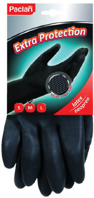 Перчатки хозяйственные неопреновые, хлопчатобумажное напыление, размер L (большой), черные, PACLAN "Extra Protection", 407750
