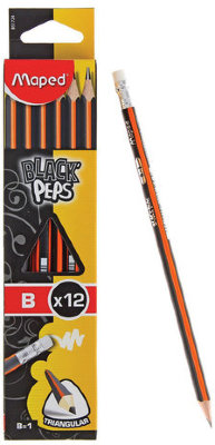 Карандаши чернографитные MAPED В НАБОРЕ из 12 штук, "Black Pep's", B, трехгранные, с резинкой, 851724