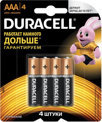Батарейки DURACELL Basic, AAA (LR03, 24А), алкалиновые, КОМПЛЕКТ 4 шт., в блистере