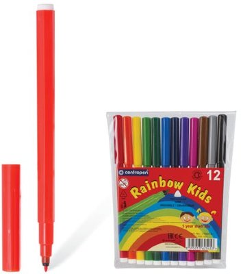Фломастеры CENTROPEN "Rainbow Kids", 12 цветов, смываемые, эргономичные, вентилируемый колпачок