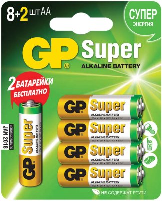 Батарейки GP Super, AA (LR06, 15 А), алкалиновые, комплект 10 шт. (промо 8+2), в блистере