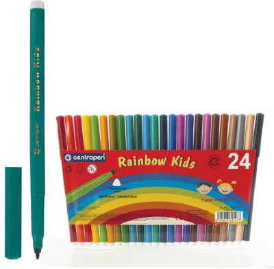 Фломастеры CENTROPEN "Rainbow Kids", 24 цвета, смываемые, эргономичные, вентилируемый колпачок