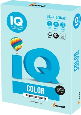 Бумага IQ color БОЛЬШОЙ ФОРМАТ (297х420 мм), А3, 80 г/м2, 500 л., пастель, светло-голубая, BL29