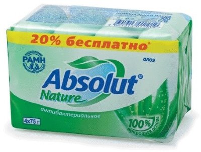 Мыло туалетное 300 г, ABSOLUT (Абсолют), комплект 4 шт. х 75 г, "Алоэ", антибактериальное